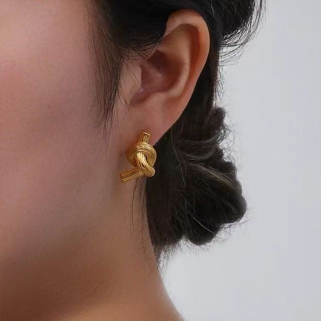 Stainless Steel 18K Gold Plated Big Textured Knot Stud Earrings