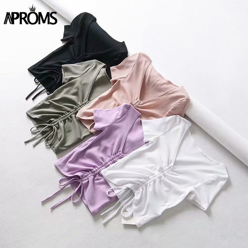 V Neck Cropped Tank Tops Women Drawstring Tie Up Front Camis Candy Colors Streetwear