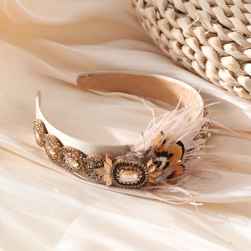 Fashionable Baroque style women's feather headband with rhinestones inlaid