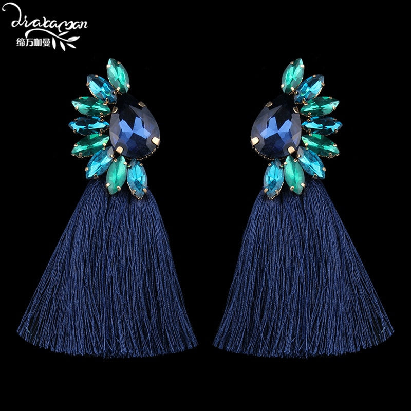 Dvacaman Brand Ethnic Long Tassel Earrings Women Boho Colorful Crystal Rhinestone Drop Women Statement Party Jewelry YY17