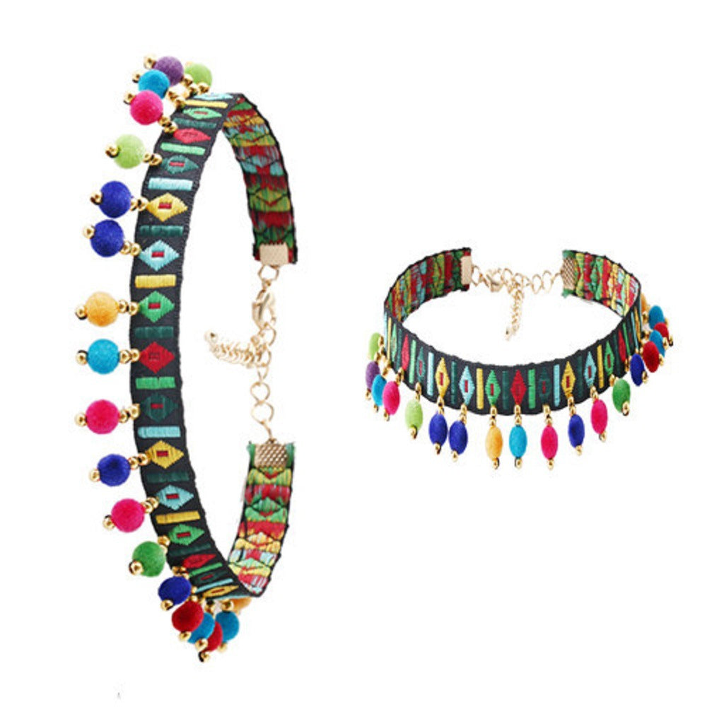 Ethnic style colorful bead pendant colorful embroidery fabric retro temperament necklace short necklace female