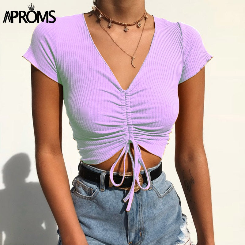 V Neck Cropped Tank Tops Women Drawstring Tie Up Front Camis Candy Colors Streetwear