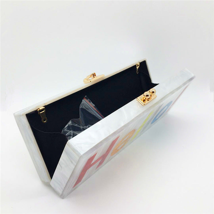 Classic HELLO Letter Acrylic Evening Bag Stitching Contrast Color Women's Clutch Bag Dress Bag