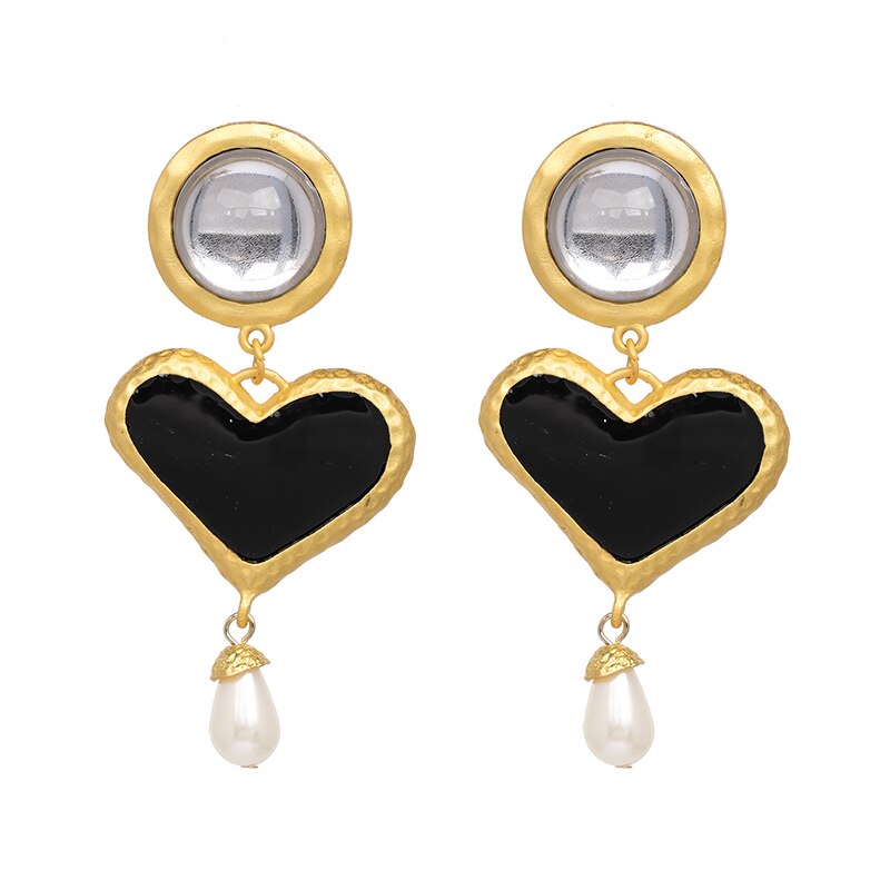 JURAN Vintage Heart Crystal Statement Dangle Earrings Big Black Boho Earrings for Women Ethnic Jewelry Elegant Party Gift