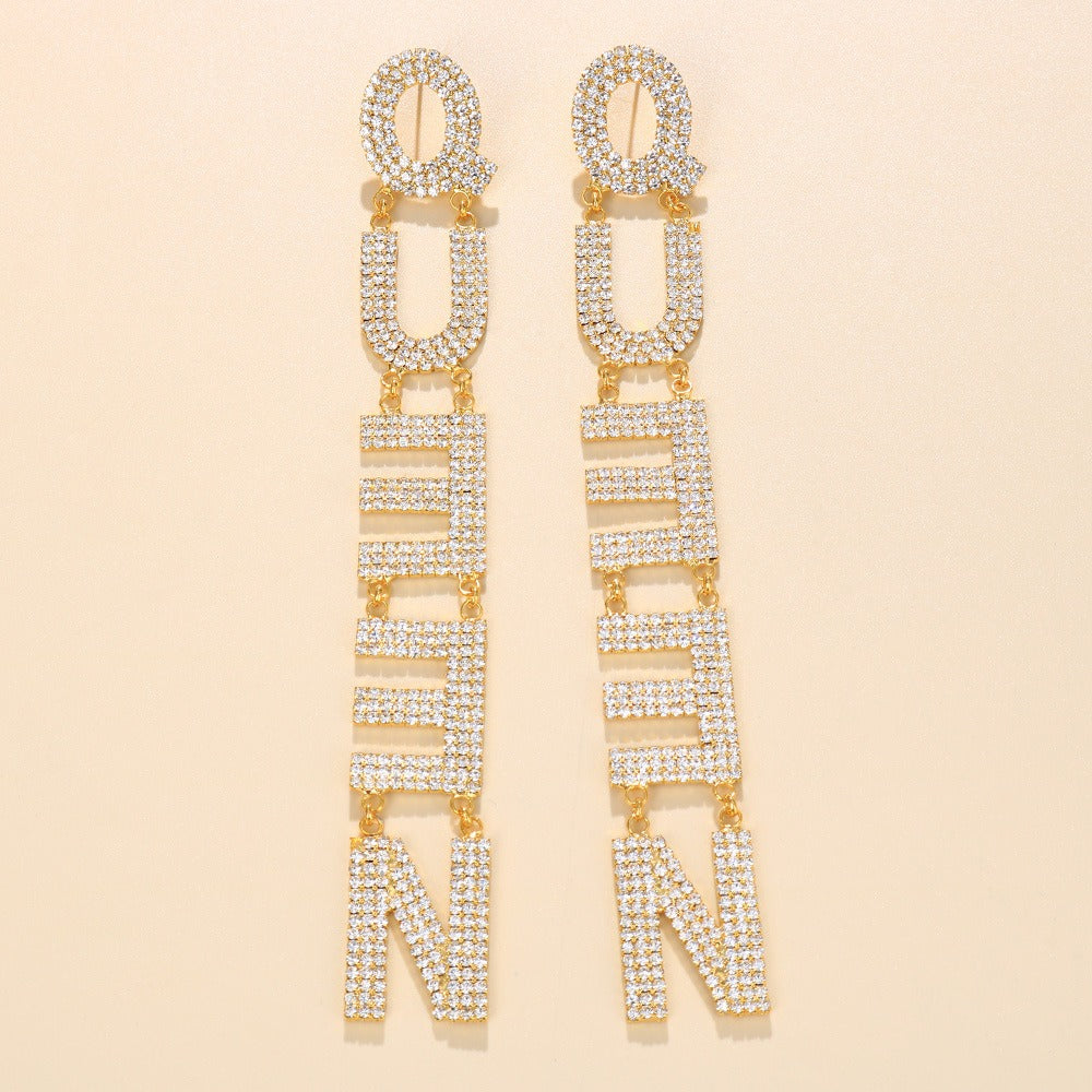 QUEEN Letter Earrings Exaggerate Personality Long Full Diamond Earrings