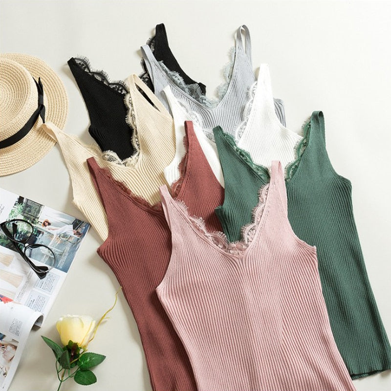 Women Hook Flower Lace Tank solid Stitching V-neck Camis Female Knitted Short Slim Sleeveless Shirt Tank Casual Tops