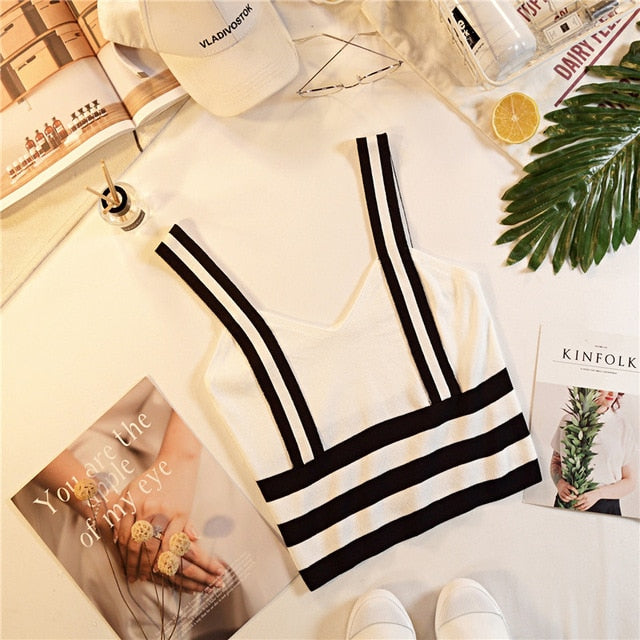 Summer Women Fashion Knitting Stripe Tank Crop Tops Female Knitted Stretchy Cropped Camisole Sleeveless Short T shirts