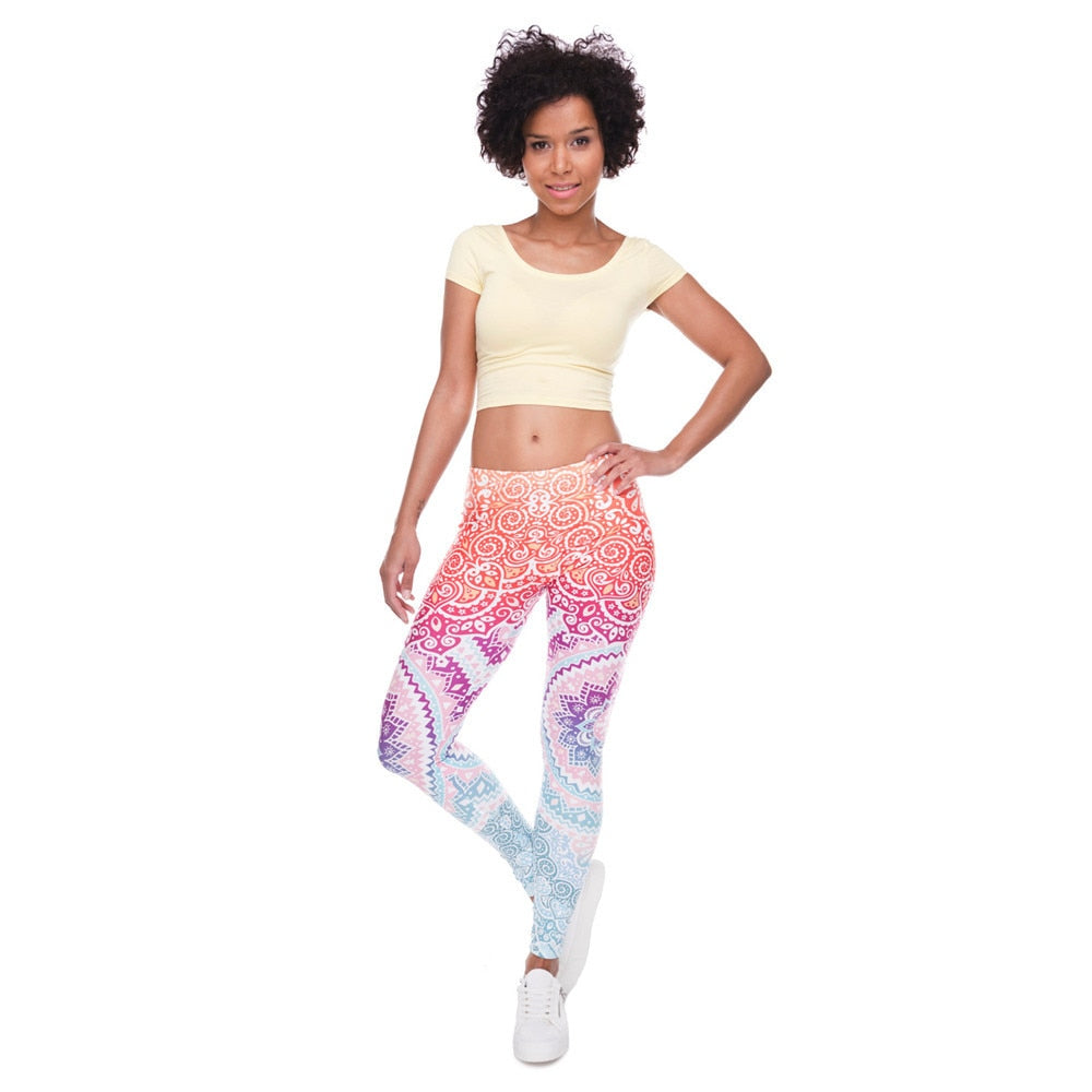 Brands Women Fashion Legging Aztec Round Ombre Printing leggins Slim High Waist  Leggings Woman Pants