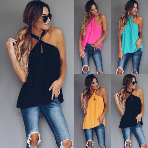 Sexy Women Fashion Summer Vest Top Sleeveless Backless Casual Tank Tops Halter Pure Color