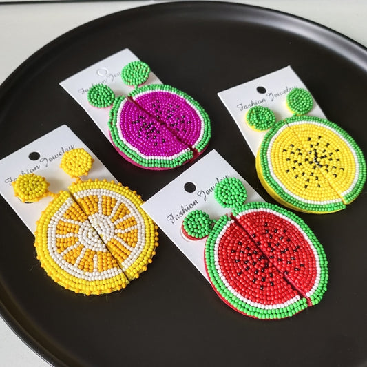 New Trendy Boho Fruit Round Dangle Earrings Handmade Lemon Watermelon Earring Female Wedding Party Summer Jewelry Trend