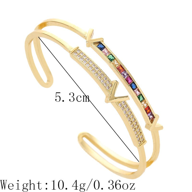 Copper inlaid colored zircon double-layer bracelet with electroplated V-shaped opening bracelet