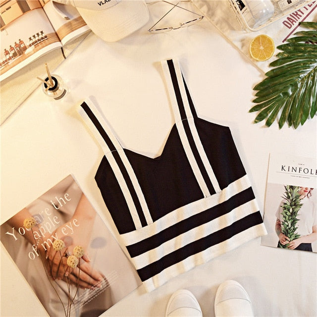 Summer Women Fashion Knitting Stripe Tank Crop Tops Female Knitted Stretchy Cropped Camisole Sleeveless Short T shirts