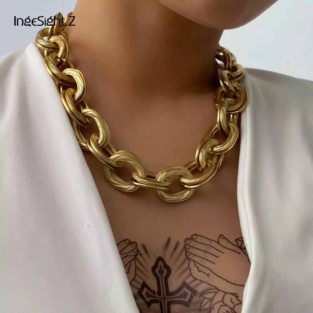 IngeSight.Z Vintage Chunky Thick Curb Cuban Choker Necklace Collar Statement Heavy Metal Clavicle Necklace for Women Men Jewelry