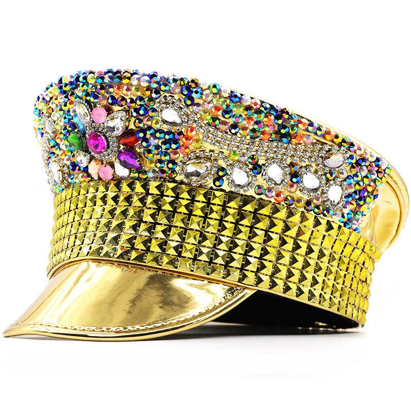 Women's Wedding Versatile Gold Diamond Police Hat Duck Tongue Hat Party Carnival Flat Hat Performance Hat