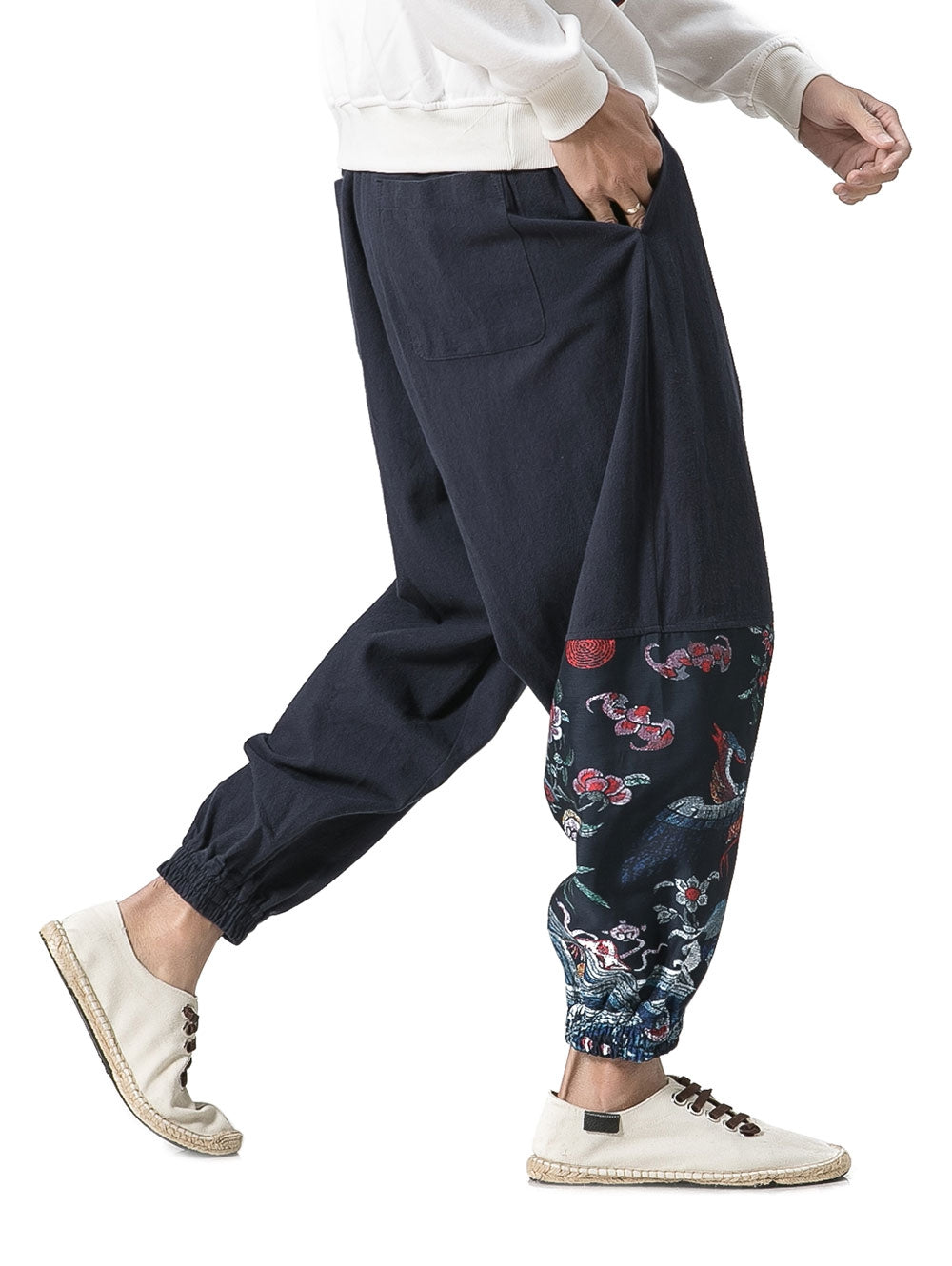 Cotton Linen Chinoiserie Printed Jogger Pants