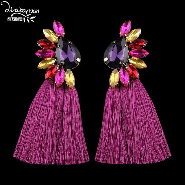 Dvacaman Brand Ethnic Long Tassel Earrings Women Boho Colorful Crystal Rhinestone Drop Women Statement Party Jewelry YY17