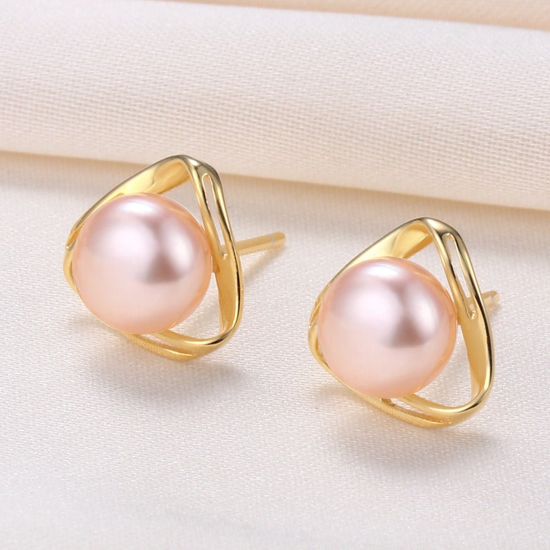 Japanese and Korean Light Luxury Natural Freshwater Pearl Earrings S925 Silver Super Immortal Geometric Hollow Triangle Earrings for Women