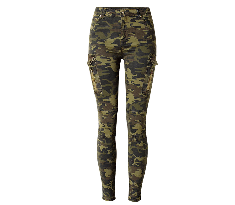 Women's Mid Waist Stretch Slim Fit Camo Jogger Pants Side Pocket Zipper Aviator Casual Denim Pennies