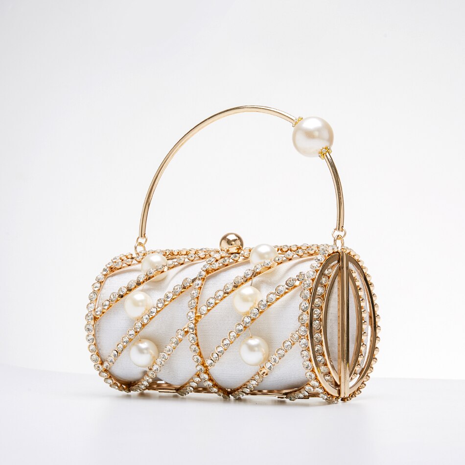 Hollow Out Diamonds Evening Clutch Bag Women Chic Small Barrel Shaped Metal Cage Handbag Round Rhinestone Purse Wedding