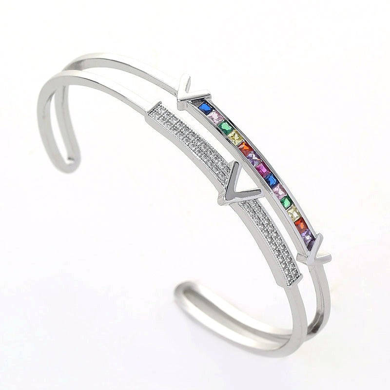 Copper inlaid colored zircon double-layer bracelet with electroplated V-shaped opening bracelet