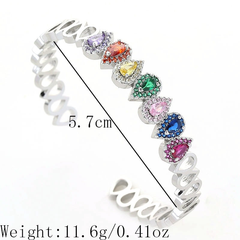 Copper inlaid colored zircon water droplet shaped bracelet with adjustable opening for women