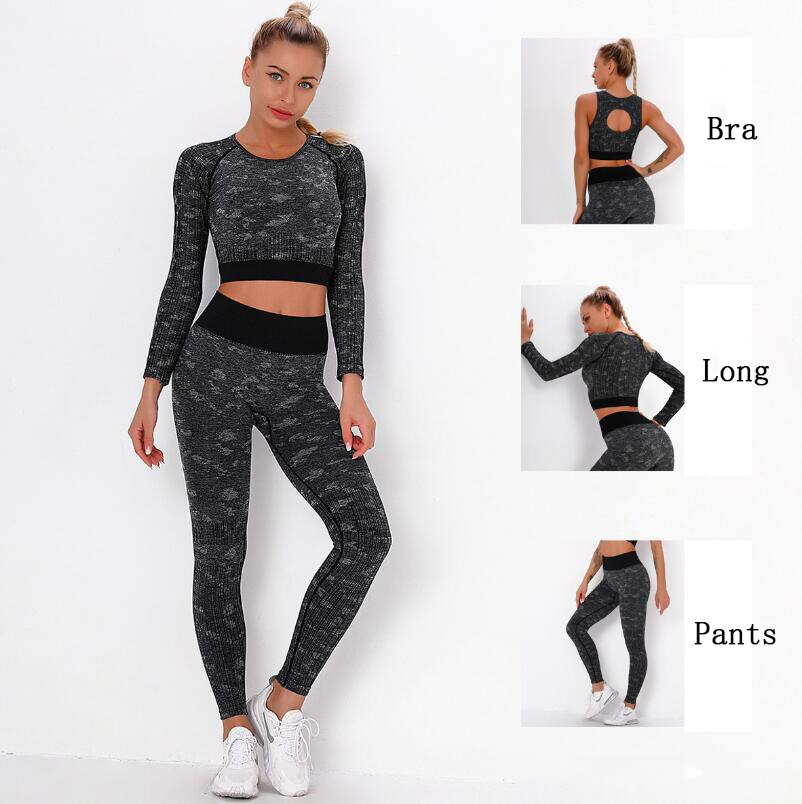 Yoga Sweat Suit 3 Pieces Sportswear Sports Shirts Bra Crop Long Top Leggings Pants Gym Fitness Tracksuit Workout Set