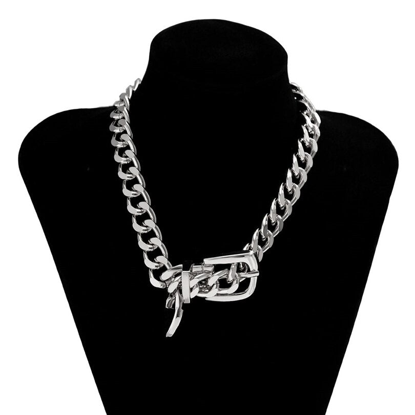 Ingemark Exaggerated Heavy Metal Belt Choker Necklace for Women Punk Thick Chunky Clavicle Chain Grunge Jewelry Steampunk Men