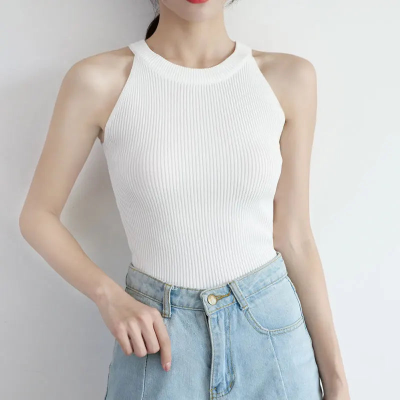 HELIAR Tops Women Crop Tops Off Shoulder Stretchy Knitted Tank Tops Female Sleveless Halter Casual Tank Crop Top For Women