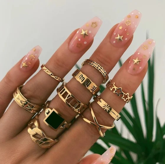 Tocona 15 Pcs/set Boho Virgin Mary Gold Rings for Women Heart Fatima Hands Anillos Cross Leaf Geometric Kольцо Jewelry 7056